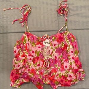 Flynn Skye Pink and Green Floral Tie-Strap Top